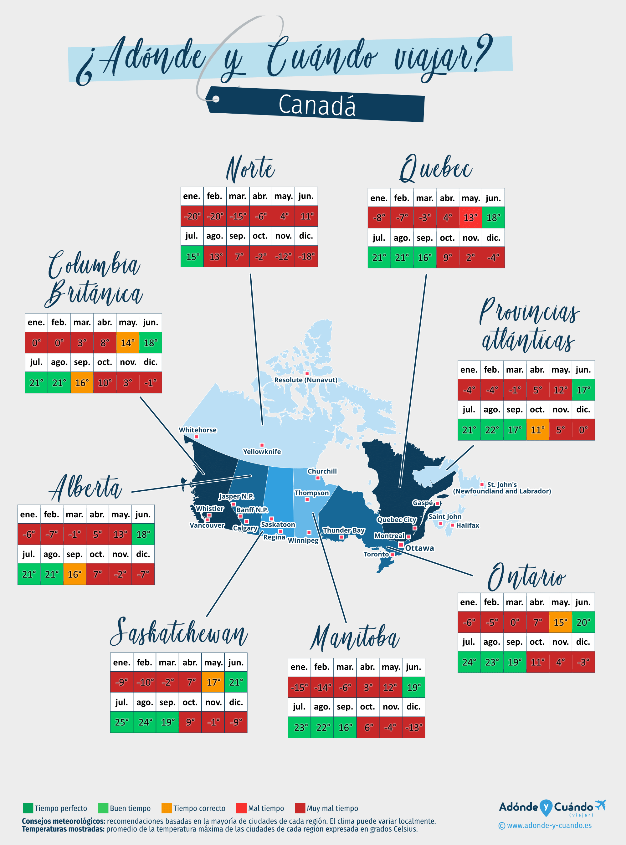 Mapa de las mejores épocas para viajar a Canadá